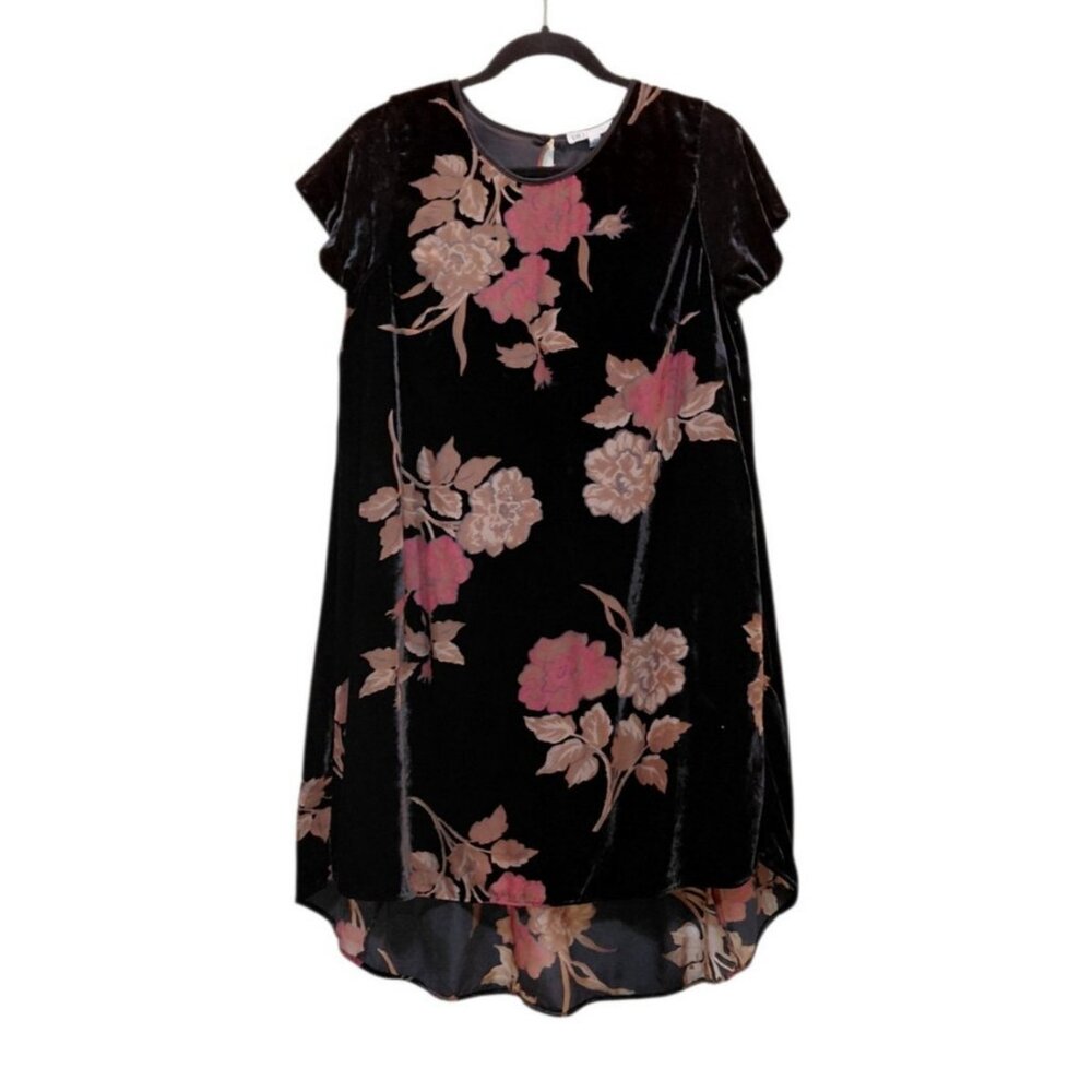 Vtg DR2 Floral Velvet Burnout Flare Mini Dress Black Medium